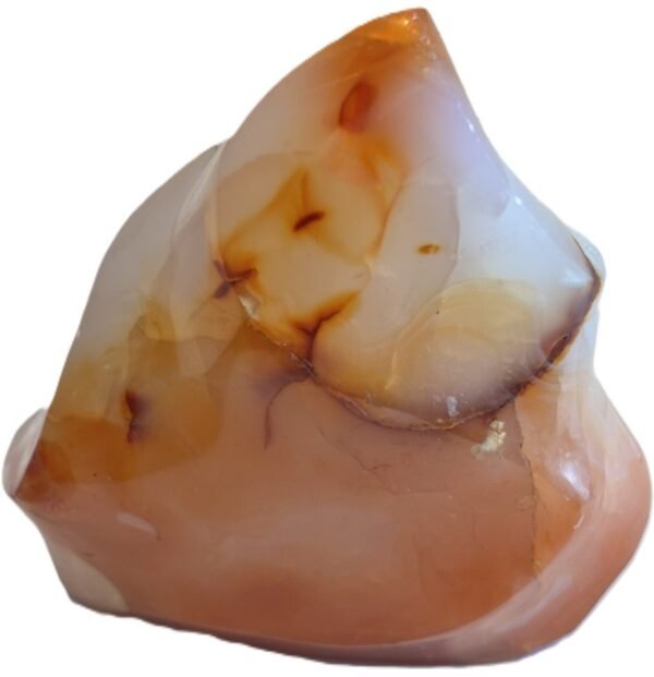 Carnelian flame 11 1 sians emporium Hand carved polished carnelian flame sculpture featuring twisting ridges with deep mahogany red burnt orange tones and smoky chalcedony patches isolated on a white background